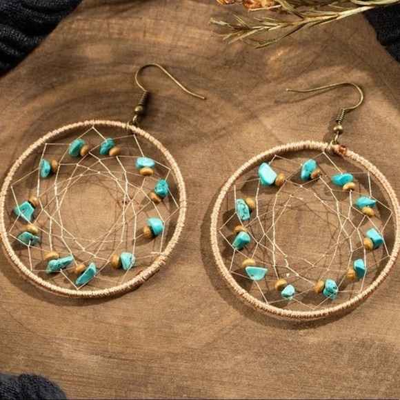 Boho Dream Catcher Beaded Woven Hoop Earrings - Picture 1 of 2